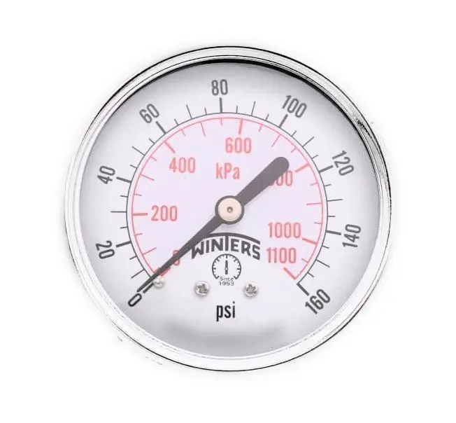 Manómetro WINTERS, Carátula de 2-1/2", Conexión de 1/4" NPT, Rango de 0 a 160 PSI, Rosca Posterior (PEM1440)