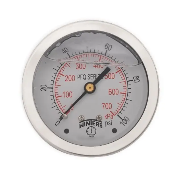 Manómetro WINTERS, Carátula de 2-1/2", Conexión de 1/4" NPT, Rango de 0 a 100 PSI, Rosca Posterior, Glicerina (PFQ904)