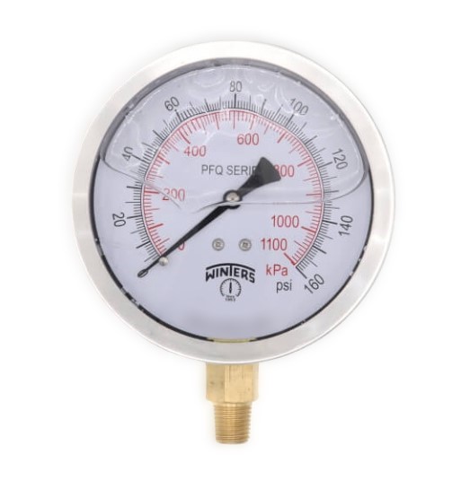 Manómetro WINTERS, Carátula de 4", Conexión de 1/4" NPT, Rango de 0 a 160 PSI, Rosca Inferior, Puntero estabilizador (PFQ712)