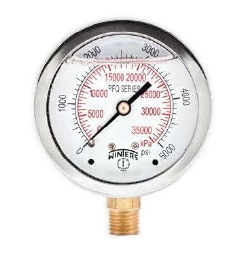 Manómetro WINTERS, Carátula de 2-1/2", Conexión de 1/4" NPT, Rango de 0 a 5000 PSI, Rosca Inferior, Puntero estabilizador (PFQ812ZR)