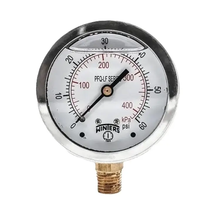 Manómetro WINTERS, Carátula de 2-1/2", Conexión de 1/4" NPT, Rango de 0 a 60 PSI, Rosca Inferior, Puntero estabilizador (PFQ803ZR)