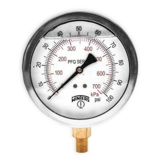 Manómetro WINTERS, Carátula de 4", Conexión de 1/4" NPT, Rango de 0 a 100 PSI, Rosca Posterior, Glicerina (PFQ711)