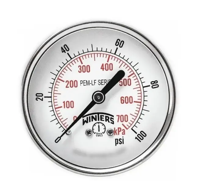 Manómetro WINTERS, Carátula de 2-1/2", Conexión de 1/4" NPT, Rango de 0 a 100 PSI, Rosca Posterior (PEM1439)
