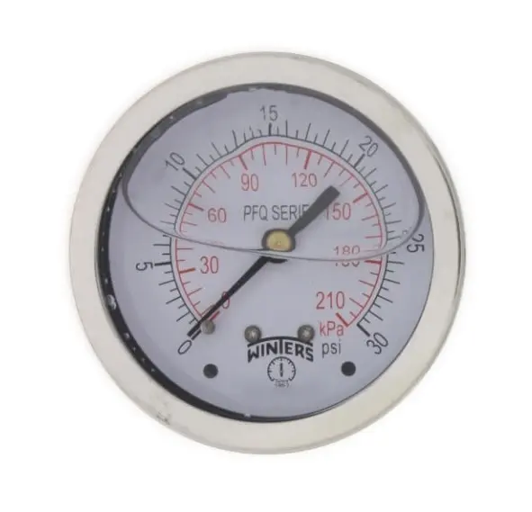 Manómetro WINTERS, Carátula de 2-1/2", Conexión de 1/4" NPT, Rango de 0 a 30 PSI, Rosca Posterior, Glicerina (PFQ902)