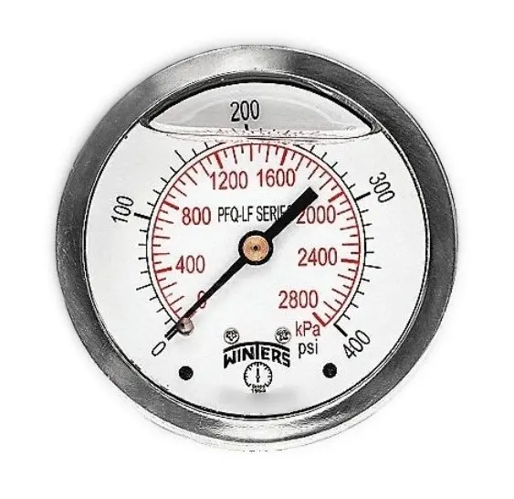 Manómetro WINTERS, Carátula de 2-1/2", Conexión de 1/4" NPT, Rango de 0 a 400 PSI, Rosca Posterior, Glicerina (PFQ917)