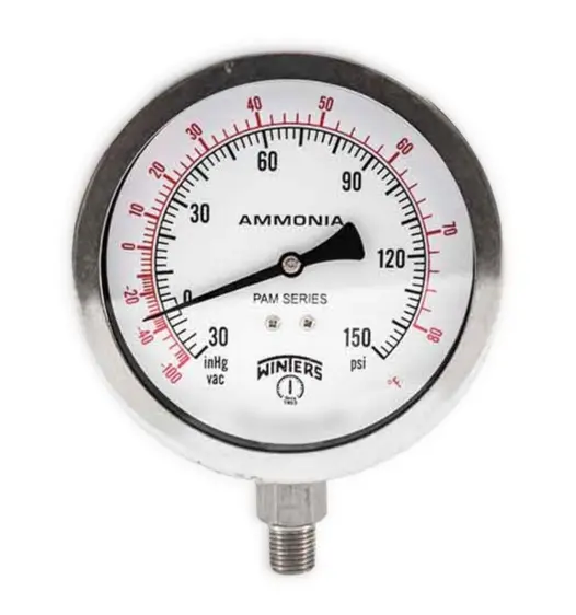 Manómetro WINTERS, Carátula de 3-1/2", Conexión de 1/4" NPT, Rango de 30 a 150 PSI, Amoníaco, Rosca Inferior (PAM1717)