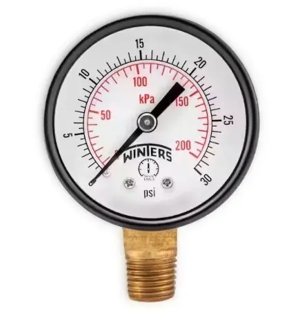 Manómetro WINTERS, Carátula de 2", Conexión de 1/4" NPT, Rango de 0 a 30 PSI, Rosca Inferior (PEM199)