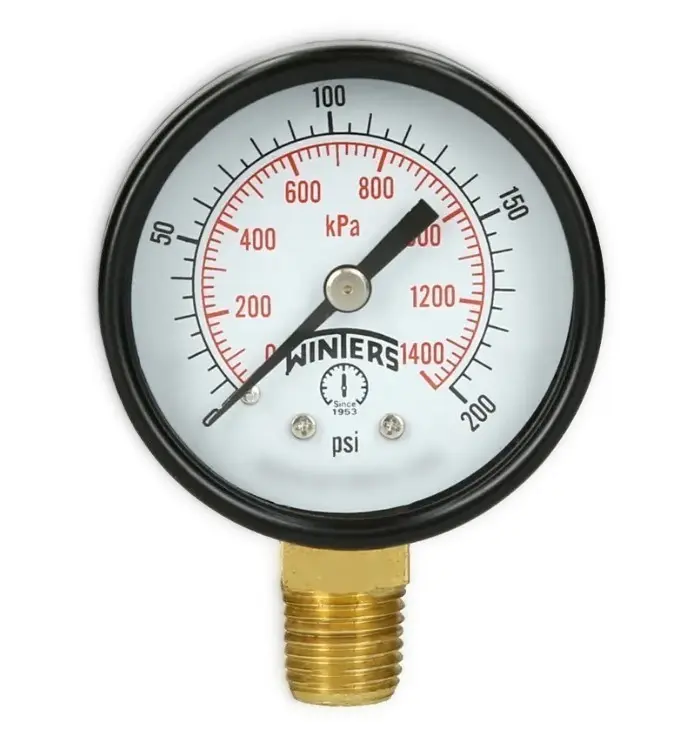 Manómetro WINTERS, Carátula de 2", Conexión de 1/4" NPT, Rango de 0 a 200 PSI, Rosca Inferior (PEM204)