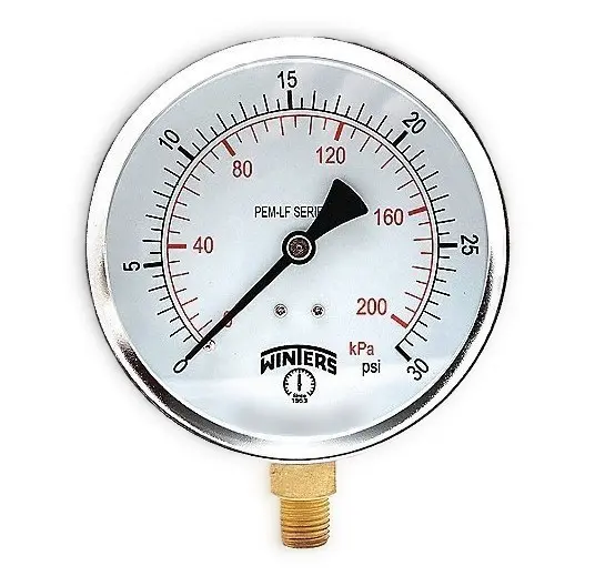 Manómetro WINTERS, Carátula de 4", Conexión de 1/4" NPT, Rango de 0 a 30 PSI, Rosca Inferior (PEM221)