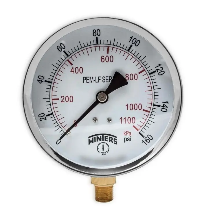 Manómetro WINTERS, Carátula de 4", Conexión de 1/4" NPT, Rango de 0 a 160 PSI, Rosca Inferior (PEM224)