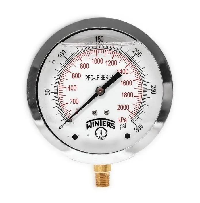 Manómetro WINTERS, Carátula de 6", Conexión de 1/4" NPT, Rango de 0 a 300 PSI, Rosca Inferior (P1S256)