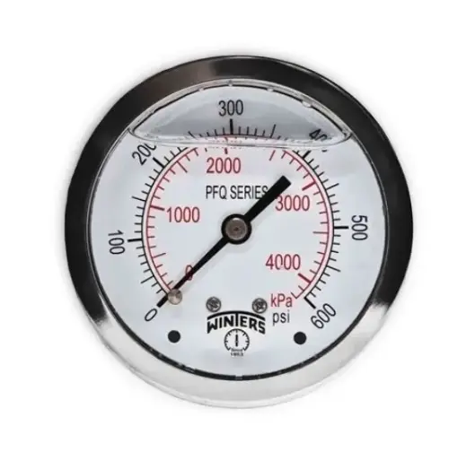 Manómetro WINTERS, Carátula de 2-1/2", Conexión de 1/4" NPT, Rango de 0 a 600 PSI, Rosca Posterior, Puntero estabilizador (PFQ908)