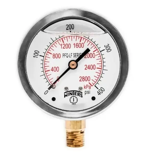 Manómetro WINTERS, Carátula de 2-1/2", Conexión de 1/4" NPT, Rango de 0 a 400 PSI, Rosca Inferior, Puntero estabilizador (PFQ817ZR)