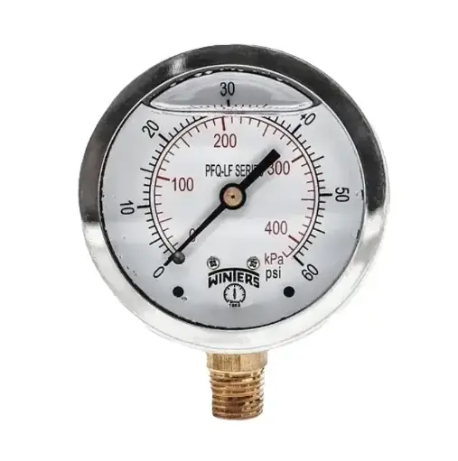 Manómetro WINTERS, Carátula de 2-1/2", Conexión de 1/4" NPT, Rango de 0 a 60 PSI, Rosca Inferior, Puntero estabilizador (PFQ803ZR)