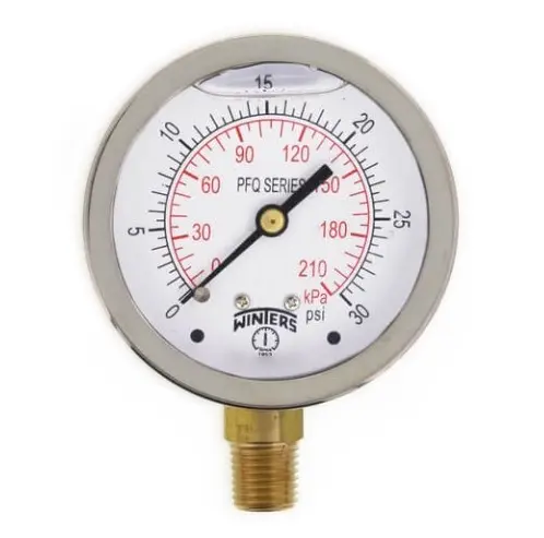 Manómetro WINTERS, Carátula de 2-1/2", Conexión de 1/4" NPT, Rango de 0 a 30 PSI, Rosca Inferior, Glicerina  (PFQ802)