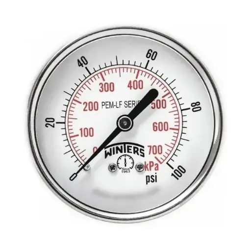Manómetro WINTERS, Carátula de 2-1/2", Conexión de 1/4" NPT, Rango de 0 a 100 PSI, Rosca Posterior (PEM1439)