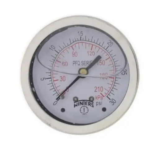 Manómetro WINTERS, Carátula de 2-1/2", Conexión de 1/4" NPT, Rango de 0 a 30 PSI, Rosca Posterior, Glicerina (PFQ902)