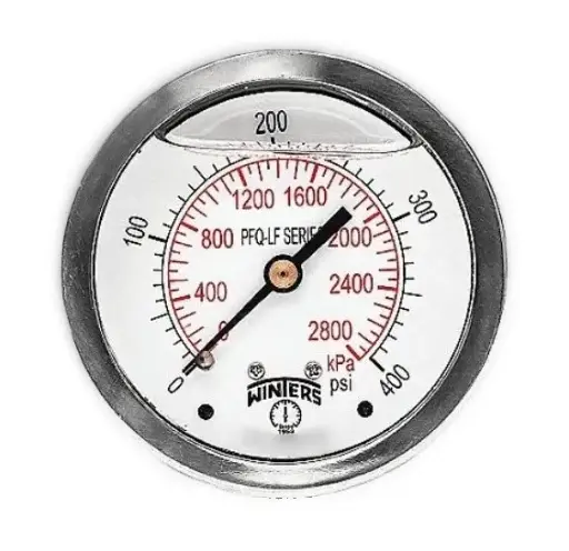 Manómetro WINTERS, Carátula de 2-1/2", Conexión de 1/4" NPT, Rango de 0 a 400 PSI, Rosca Posterior, Glicerina (PFQ917)