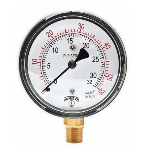 Manómetro WINTERS, Carátula de 2-1/2", Conexión de 1/4" NPT, Rango de 0 a 55 H₂O, Rosca Inferior (PLP302)