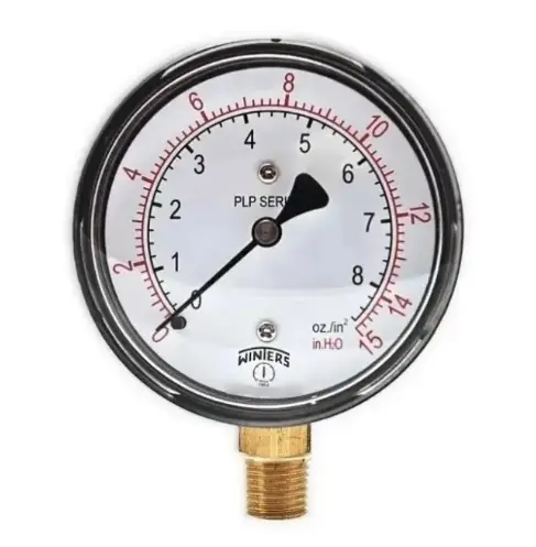 Manómetro WINTERS, Carátula de 2-1/2", Conexión de 1/4" NPT, de 0 a 15 H₂O, Rosca Inferior (PLP300)