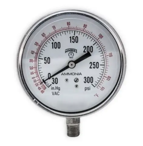 Manovacuómetro Amoníaco WINTERS, Carátula de 2-1/2", Conexión de 1/4" NPT, Rango de 30 a 300 PSI, Rosca Inferior (PAM1751)