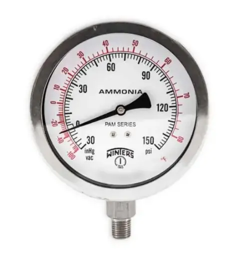 Manómetro WINTERS, Carátula de 3-1/2", Conexión de 1/4" NPT, Rango de 30 a 150 PSI, Amoníaco, Rosca Inferior (PAM1717)