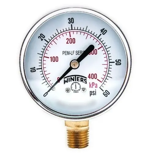 Manómetro Seco WINTERS, Carátula de 2-1/2", Conexión de 1/4" NPT, Rango de 0 a 60 PSI, Rosca Inferior (PEM213)