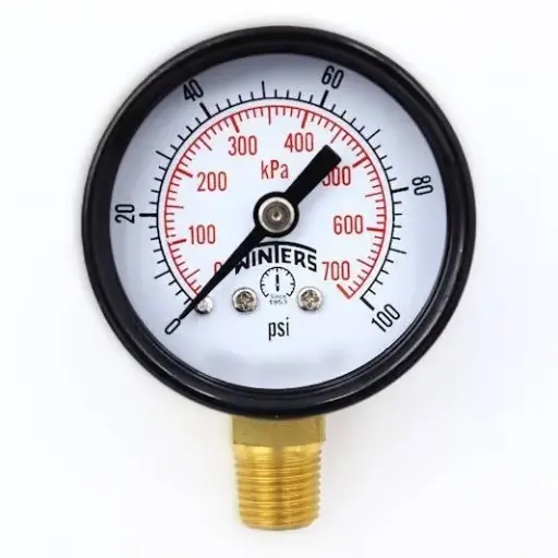 Manómetro WINTERS, Carátula de 2", Conexión de 1/4" NPT, Rango de 0 a 100 PSI, Rosca Inferior (PEM202)