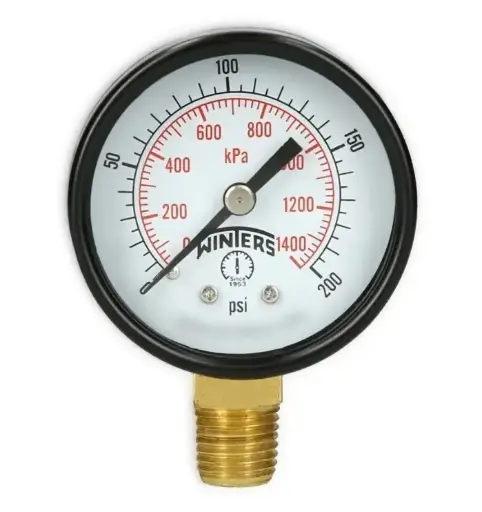 Manómetro WINTERS, Carátula de 2", Conexión de 1/4" NPT, Rango de 0 a 200 PSI, Rosca Inferior (PEM204)