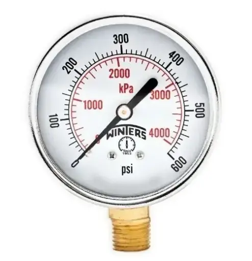 Manómetro WINTERS, Carátula de 2-1/2", Conexión de 1/4" NPT, Rango de 0 a 600 PSI, Rosca Inferior (PEM218)