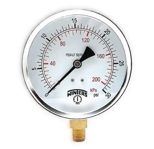 Manómetro WINTERS, Carátula de 4", Conexión de 1/4" NPT, Rango de 0 a 30 PSI, Rosca Inferior (PEM221)