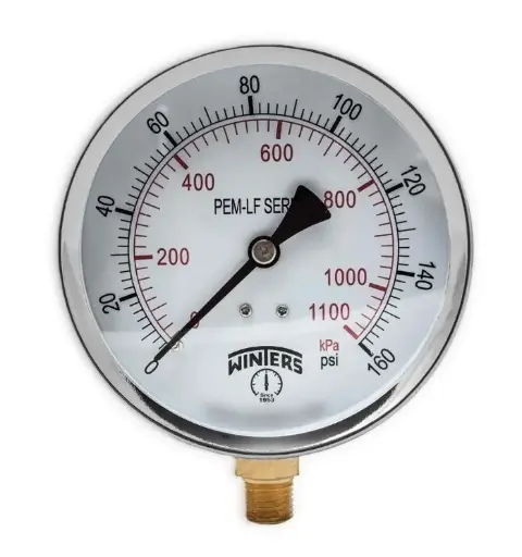 Manómetro WINTERS, Carátula de 4", Conexión de 1/4" NPT, Rango de 0 a 160 PSI, Rosca Inferior (PEM224)
