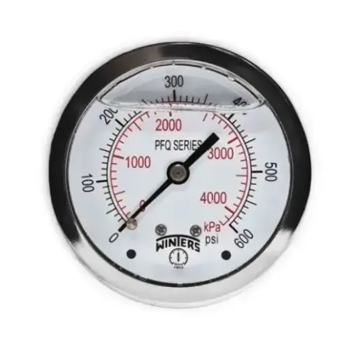 Manómetro WINTERS, Carátula de 2-1/2", Conexión de 1/4" NPT, Rango de 0 a 600 PSI, Rosca Posterior, Puntero estabilizador (PFQ908)