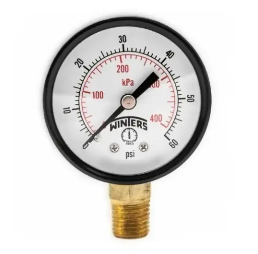 Manómetro WINTERS, Carátula de 2", Conexión de 1/4" NPT, Rango de 0 a 60 PSI, Rosca Inferior (PEM201)