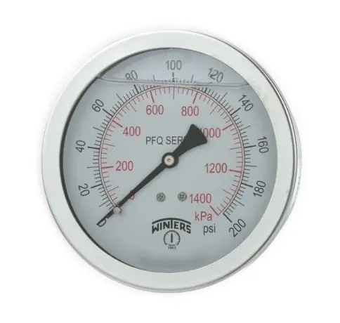Manómetro WINTERS, Carátula de 2-1/2", Conexión de 1/4" NPT, Rango de 0 a 200 PSI, Rosca Posterior (PFQ906ZR)