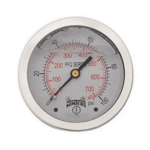 Manómetro WINTERS, Carátula de 2-1/2", Conexión de 1/4" NPT, Rango de 0 a 100 PSI, Rosca Posterior, Glicerina (PFQ904)