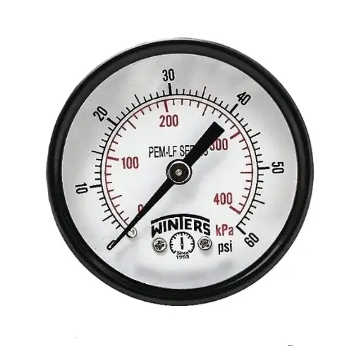 Manómetro WINTERS, Carátula de 2", Conexión de 1/4" NPT, Rango de 0 a 60 PSI, Rosca Posterior (PEM1405)